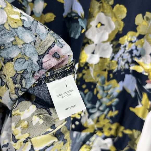 J Jill Top Size Medium Navy Yellow Floral Long Sleeve Button Front Tunic Blouse - Picture 7 of 8